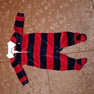 (Size-6M) Ralph Lauren Red And Navy Blue Striped Fleece Sleeper Onesie Romper